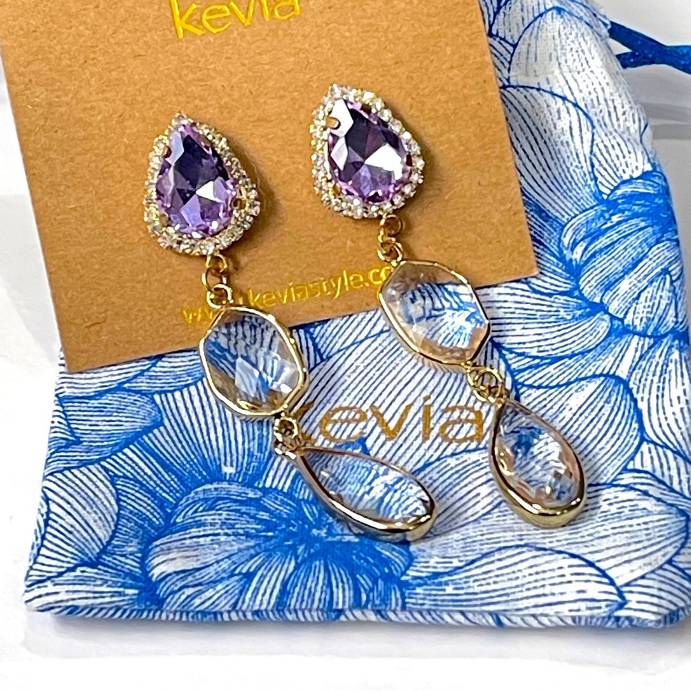 Kevia Purple Amethyst Crystal Zirconia Gold Tone Teardrop Earrings NWT
